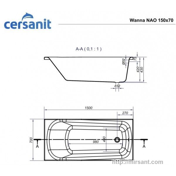 Акриловая ванна Cersanit NAO 150*70