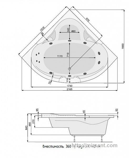 Акриловая ванна Pool Spa Triangel 155*155 на каркасе