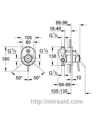 Смеситель для ванны/душа встроенный Grohe Bau Classic 29047000 хром.