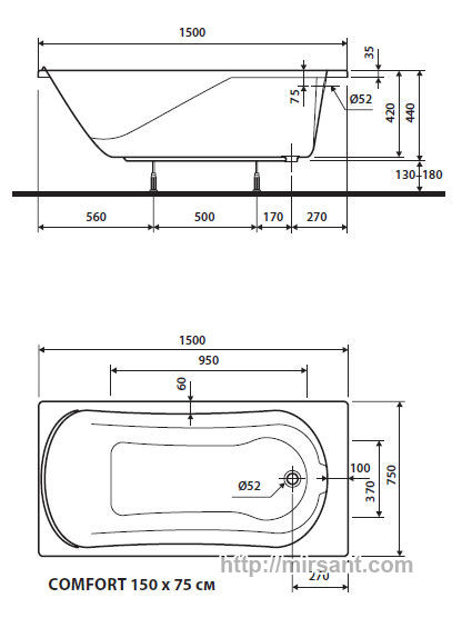 Акриловая ванна Kolo Comfort XWP3050000 150*75