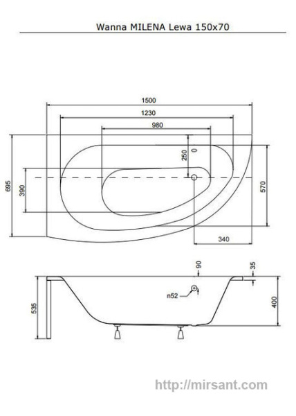 Ванна акриловая асимметричная Milena 150х70 L/R