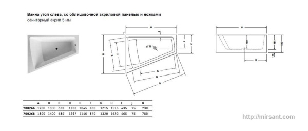 Ванна акриловая Duravit Paiova 180*140 с ножками и панелью L