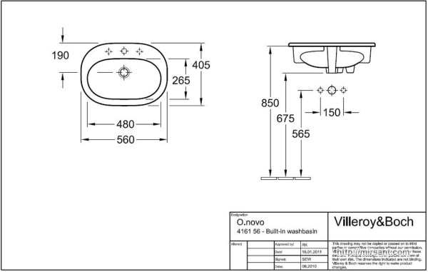 Умывальник V&B O. Novo 41615601 56 см.