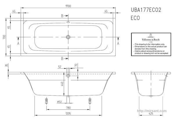 Акриловая ванна Villeroy&Bosh TARGA STYLE 170*70