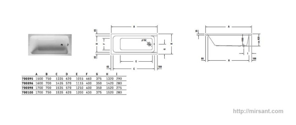 Акриловая ванна Duravit D-Code 170*75