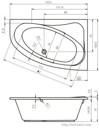 Акриловая ванна Riho Lyra BA68 153*100 L || 