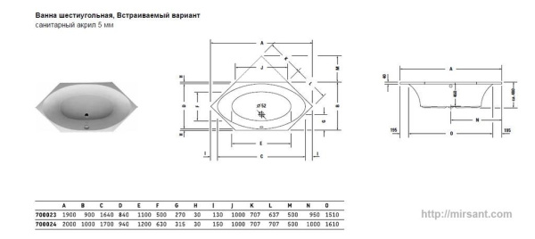 Ванна акриловая Duravit 2x3 190*90 шестиугольная