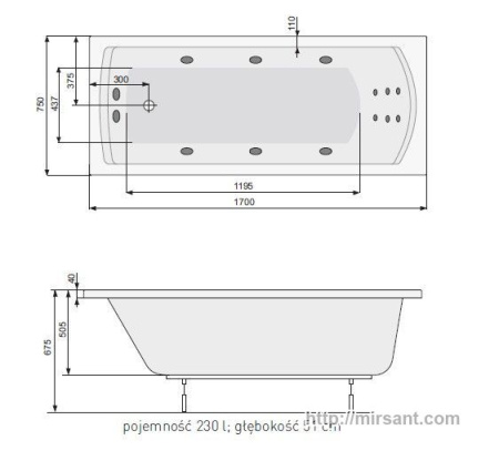 Акриловая ванна Pool Spa Linea XL 170*75 с ножками || 