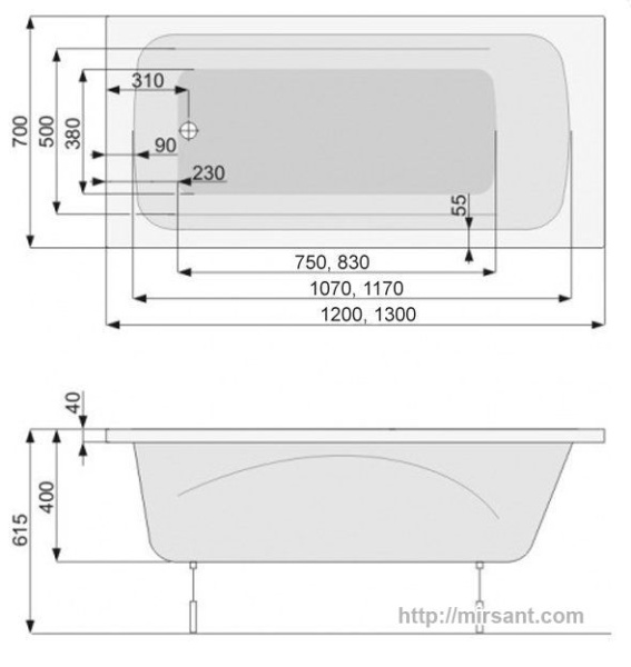 Ванна акриловая Pool Spa Klio 130*70 с ножками