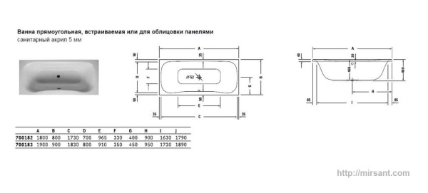 Ванна акриловая Duravit PuraVida 180*80 встраиваемая