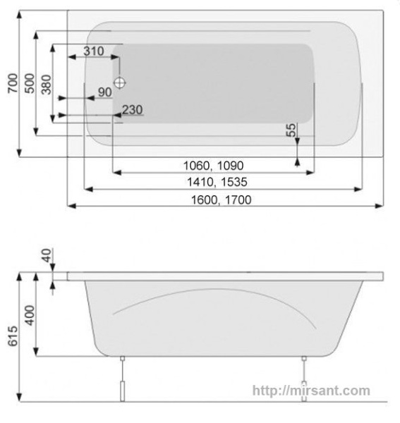 Акриловая ванна Pool Spa Klio 170*70 с ножками