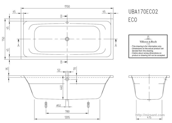 Акриловая ванна Villeroy & Bosh Targa Style 170*75