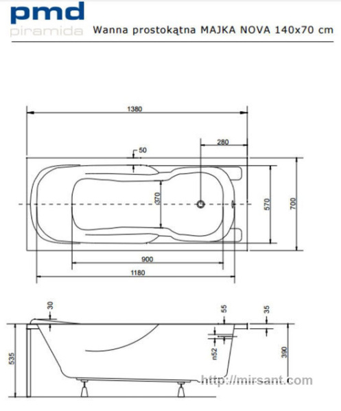 Ванна акриловая MAJKA NOVA 140x70