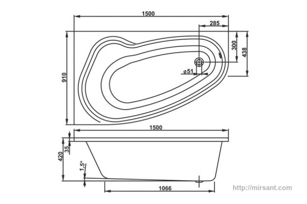 Акриловая ванна VagnarPlast Avona 150*90*42