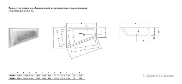 Акриловая ванна Duravit Paiova 170*130 с панелью и ножками L