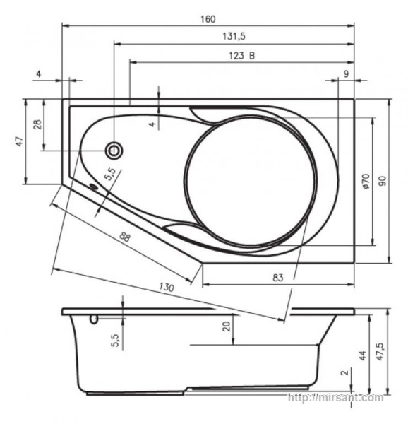 акриловая ванна ассиметричная Riho Lyra BA65 140*90 L,R