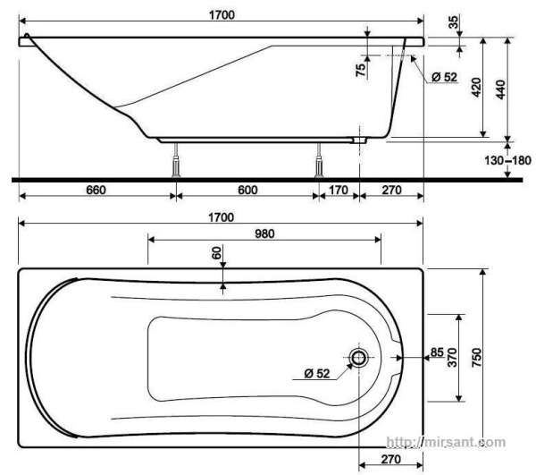 Ванна акриловая Kolo Comfort XWP3070000 170*75