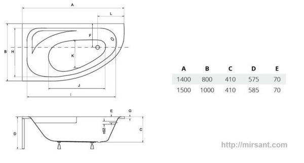 Ванна акриловая асимметричная CORNEA 150х100L/R