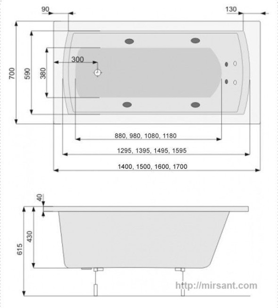 Ванна акриловая Pool Spa Linea 160*70 с ножками